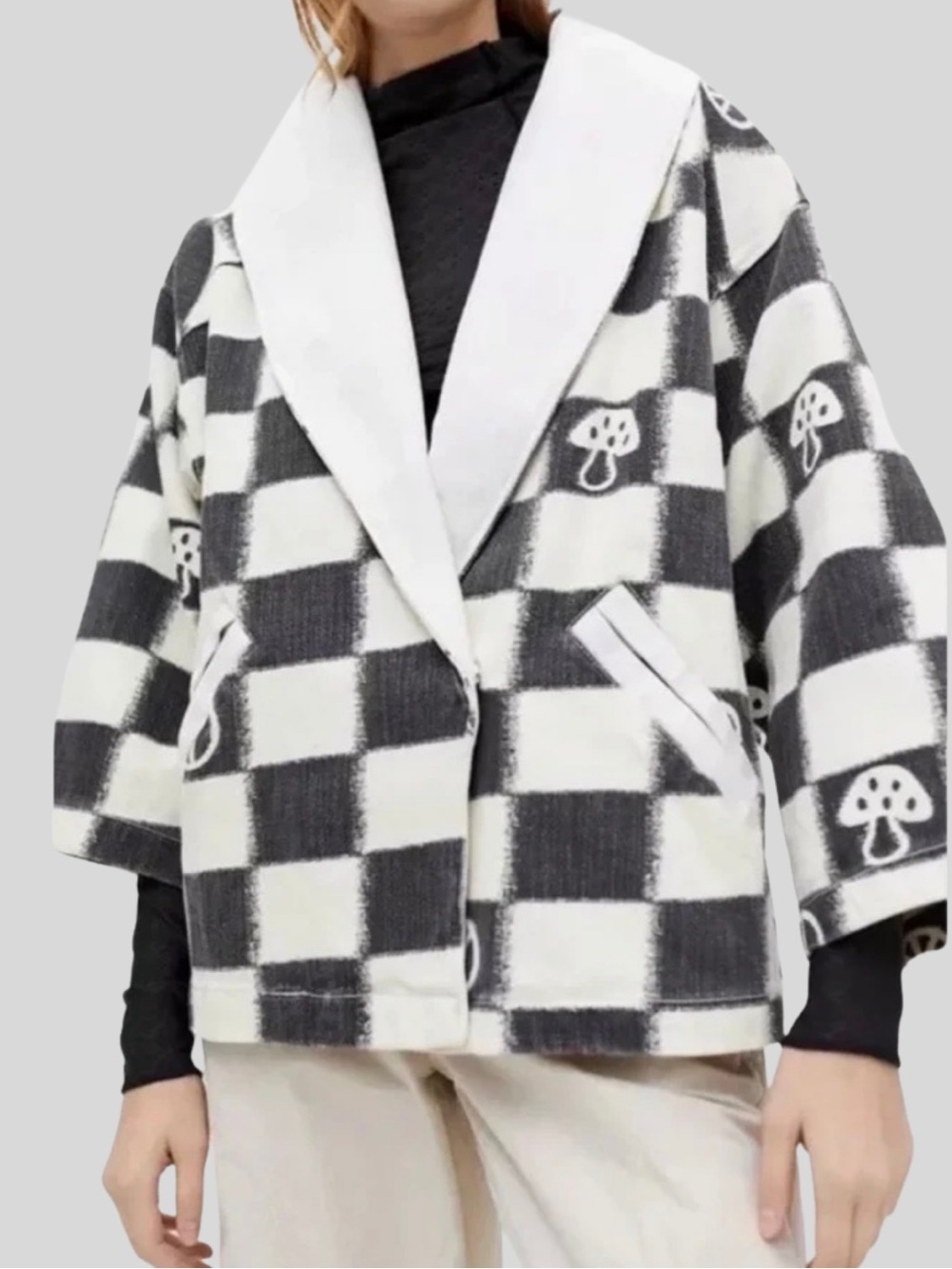Urban Outfitters Checkerboard Mushroom Peace Sign Jacket XS S Boho Indie Retro
